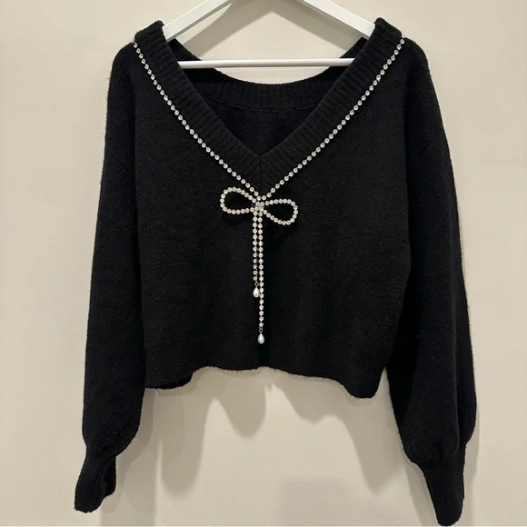 Express Rhinestone Bow Embellished Convertible Sweater Black Holiday New Years - Picture 6 of 15